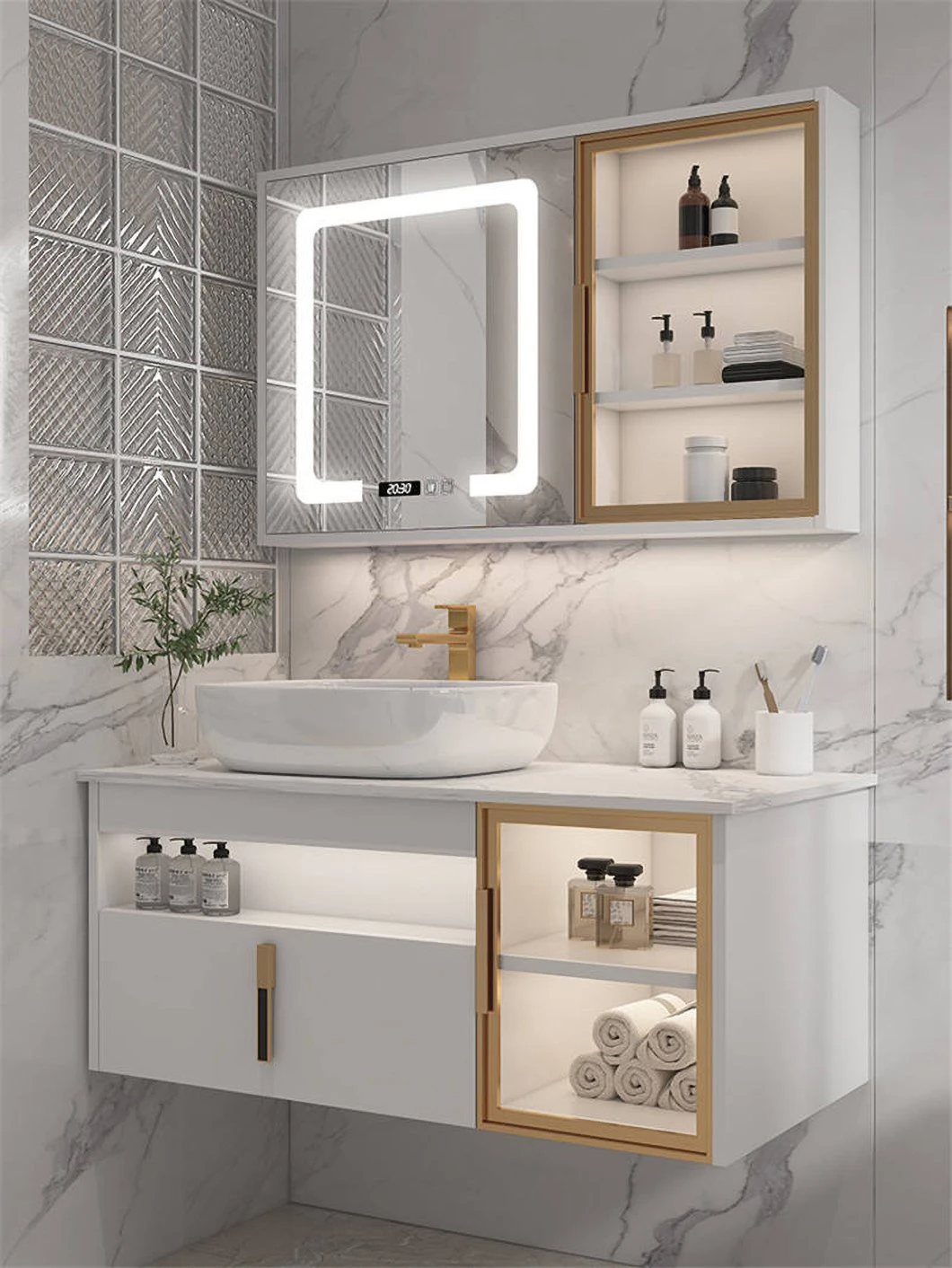 حمام مدرن هتل سینک دو نفره روشویی کابینت حمام چوبی ضد آب با کابینت آینه هوشمند