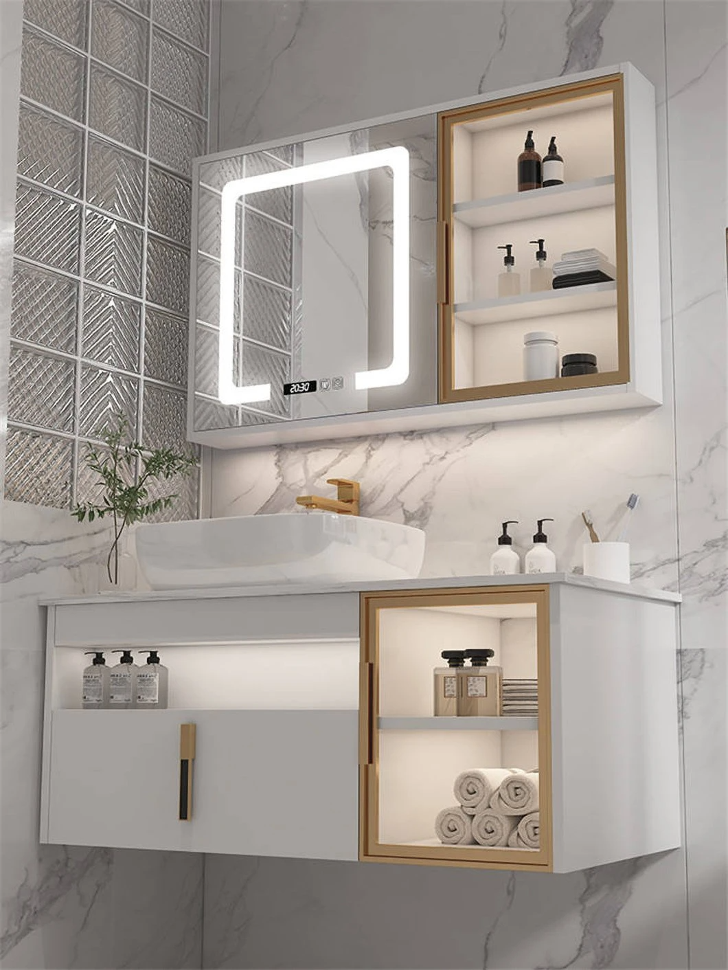 حمام مدرن هتل سینک دو نفره روشویی کابینت حمام چوبی ضد آب با کابینت آینه هوشمند