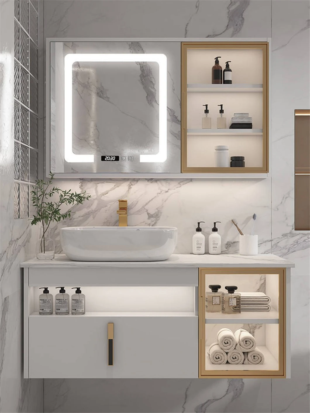 حمام مدرن هتل سینک دو نفره روشویی کابینت حمام چوبی ضد آب با کابینت آینه هوشمند