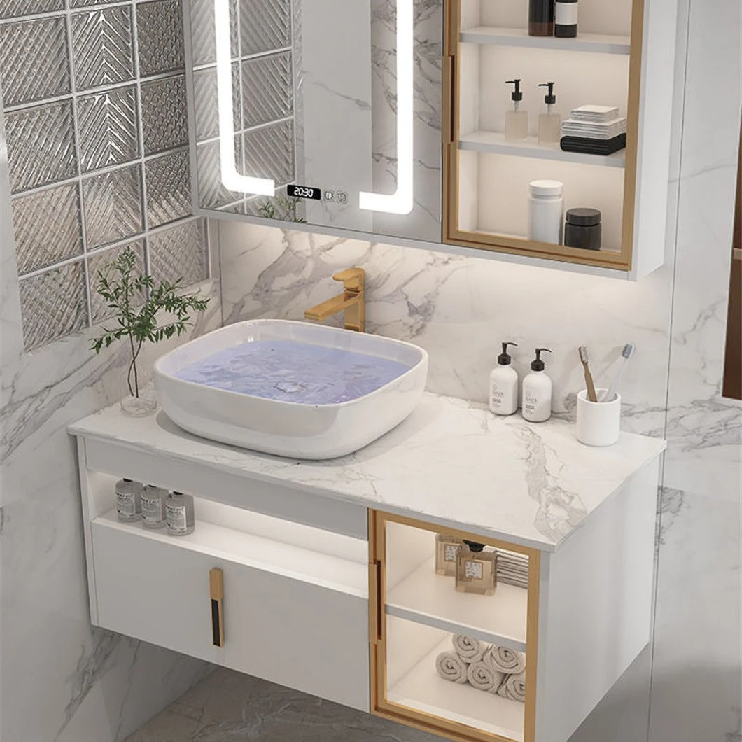 حمام مدرن هتل سینک دو نفره روشویی کابینت حمام چوبی ضد آب با کابینت آینه هوشمند