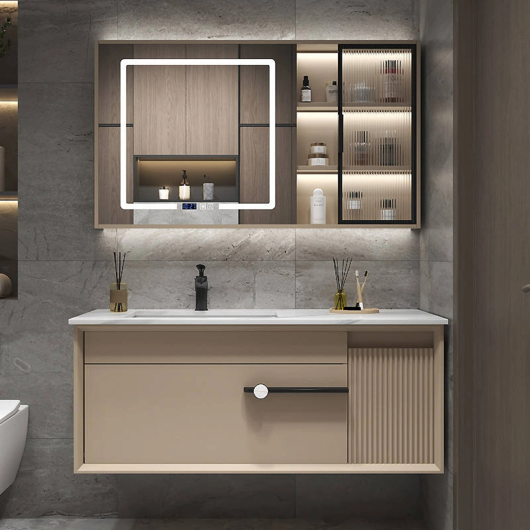 ست روشویی مدرن لوکس با کابینت حمام چوب سخت براق مشکی با آینه LED