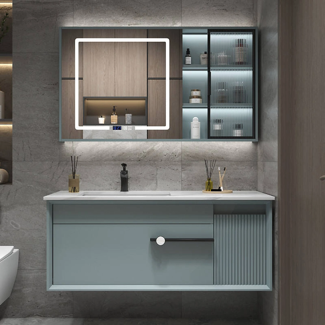 ست روشویی مدرن لوکس با کابینت حمام چوب سخت براق مشکی با آینه LED