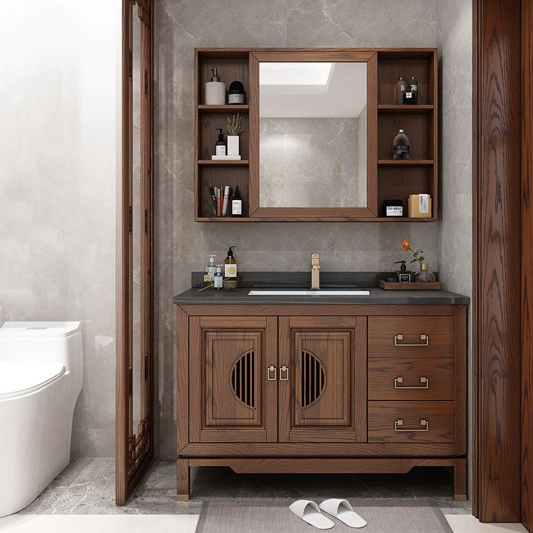 کابینت دستشویی طرح سنتی حمام روشویی کابینت حمام چوب جامد با سینک دوبل آینه چوب دانه داغ