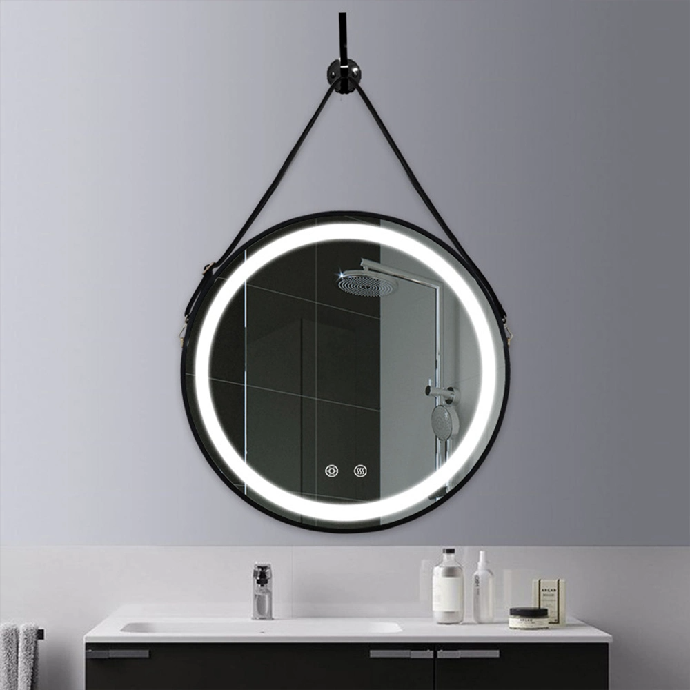 قاب فلزی آینه های آویز چرمی برای خانه دیوار گرد هتل چراغ آینه LED حمام دکور آینه دیواری با بند چرمی